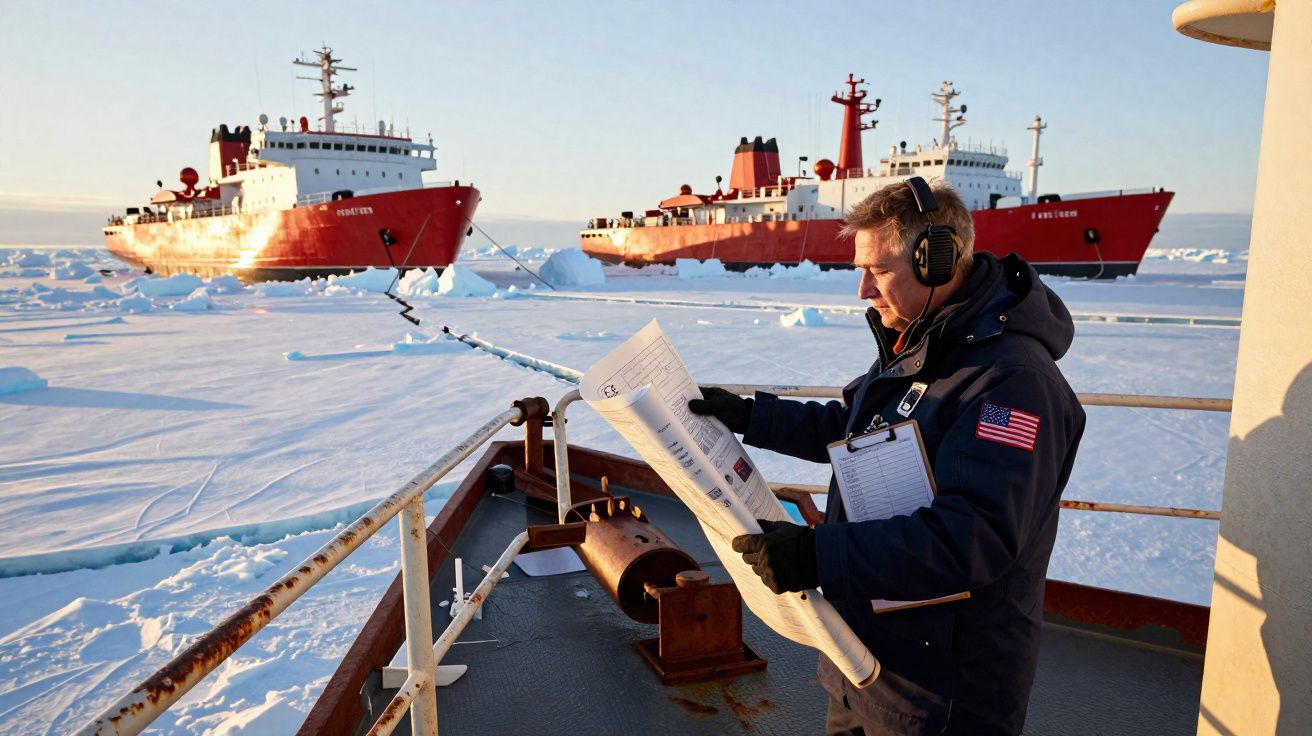 Homem com casaco e fones navega e analisa mapas em navio entre gelo, com dois quebra-gelos vermelhos ao fundo.
