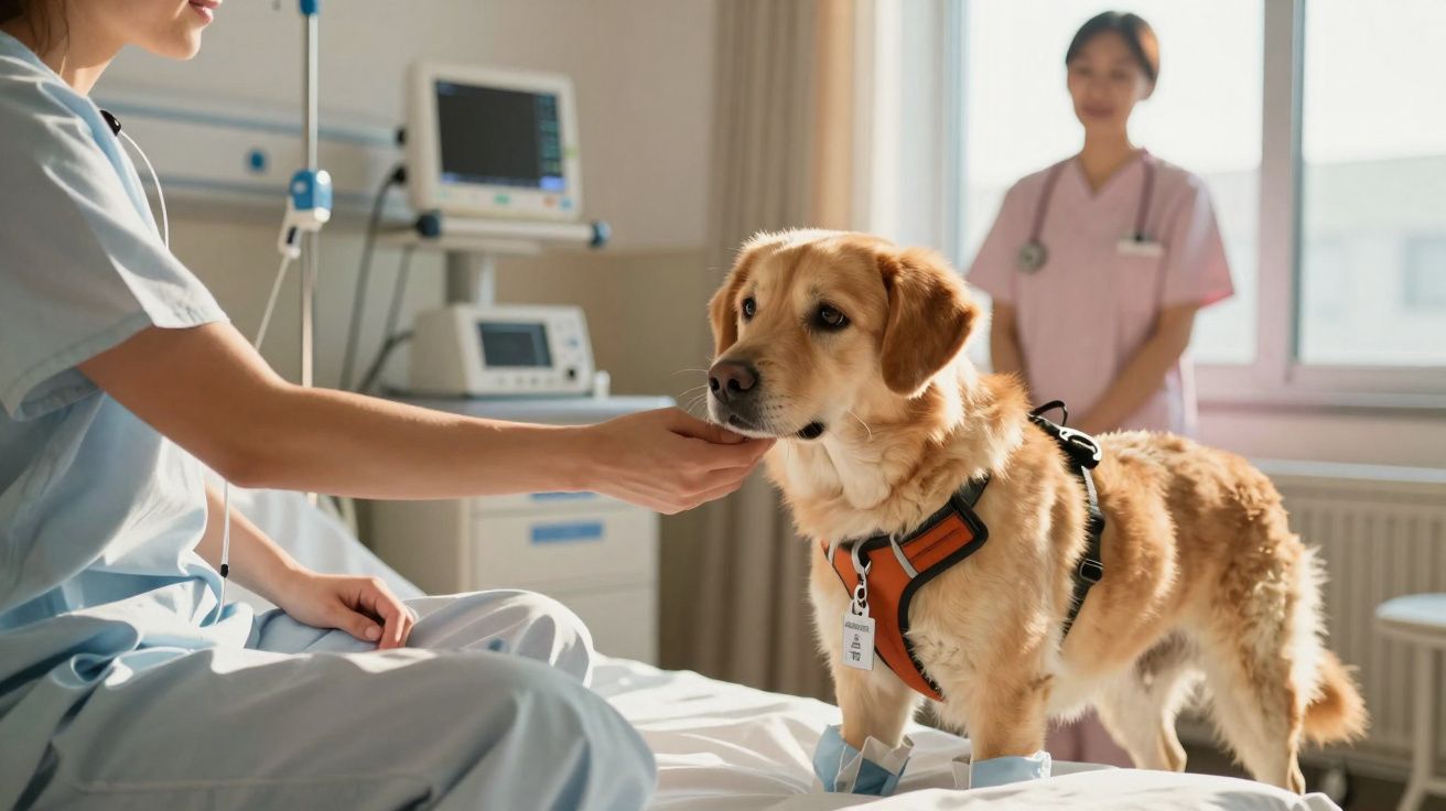 Paciente com sonda recebe carinho de cão assistente em hospital, com enfermeira ao fundo.