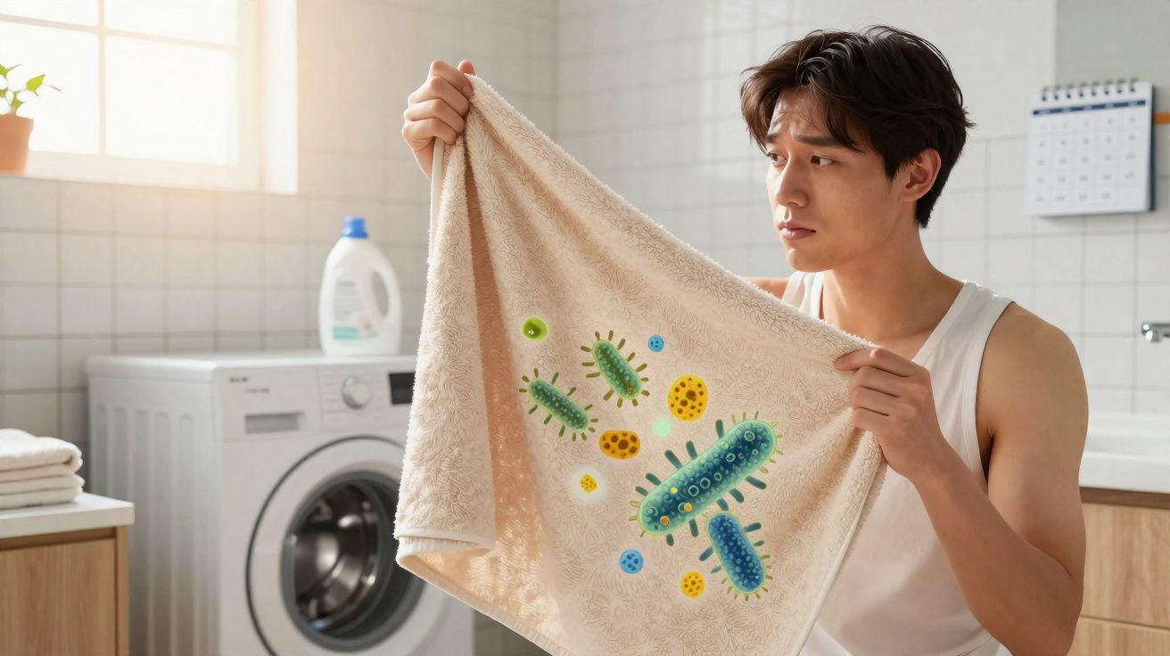 Homem segurando toalha com ilustração de germes, preocupado com sujeira em lavanderia.