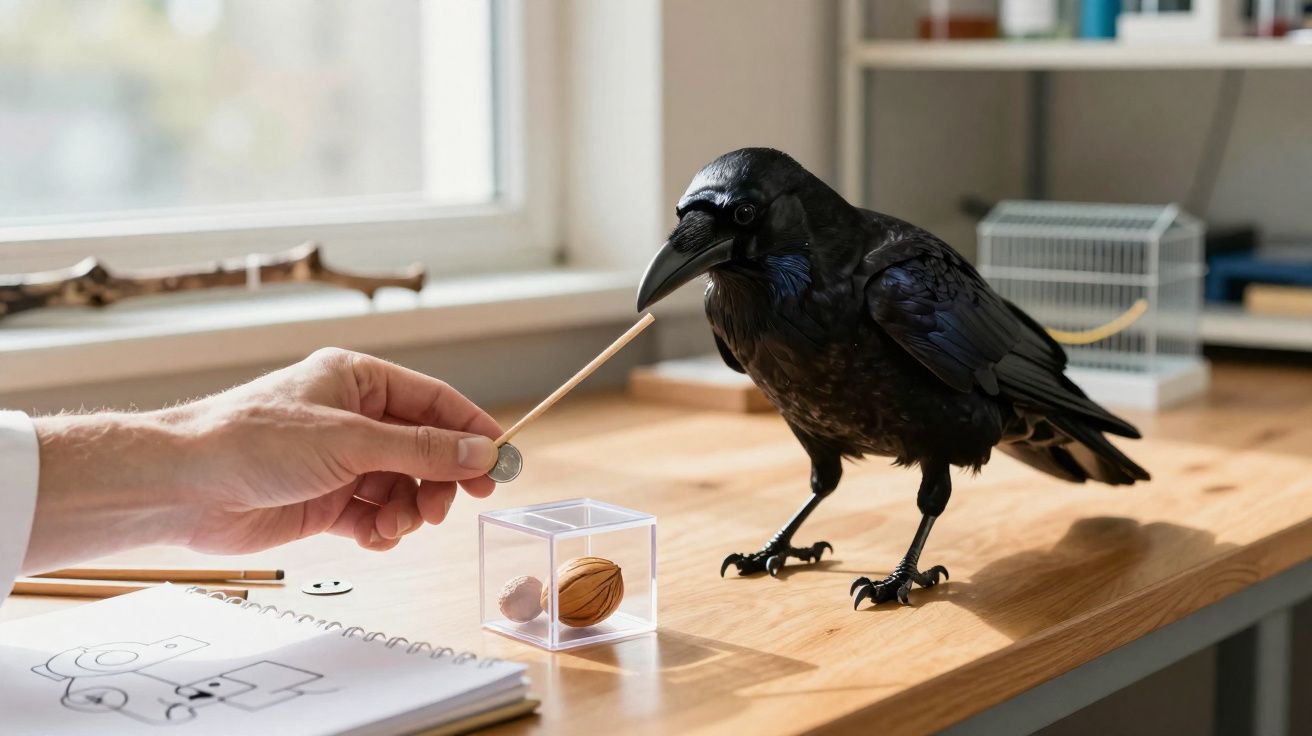 Pessoa interagindo com corvo em mesa de madeira, usando palito de madeira para pegar moeda em ambiente iluminado.