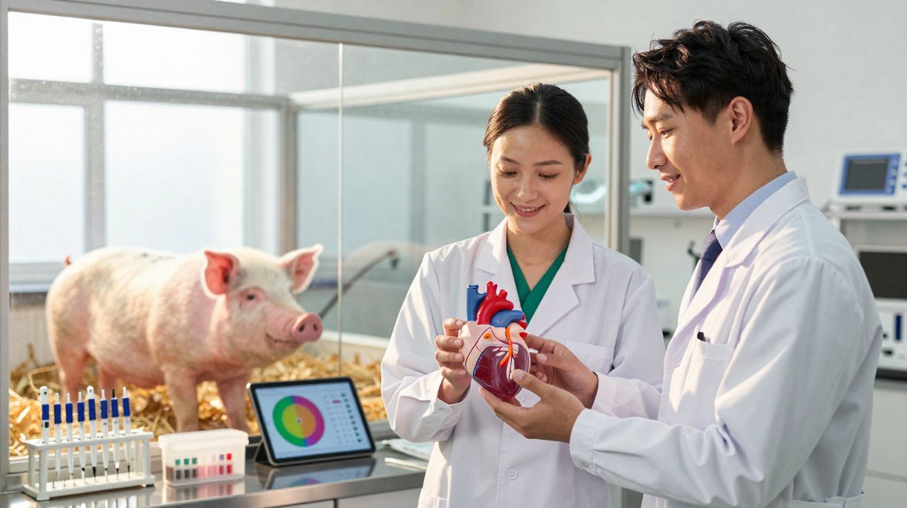 Dois cientistas em jaleco seguram modelo de coração em laboratório com porco em gaiola ao fundo.