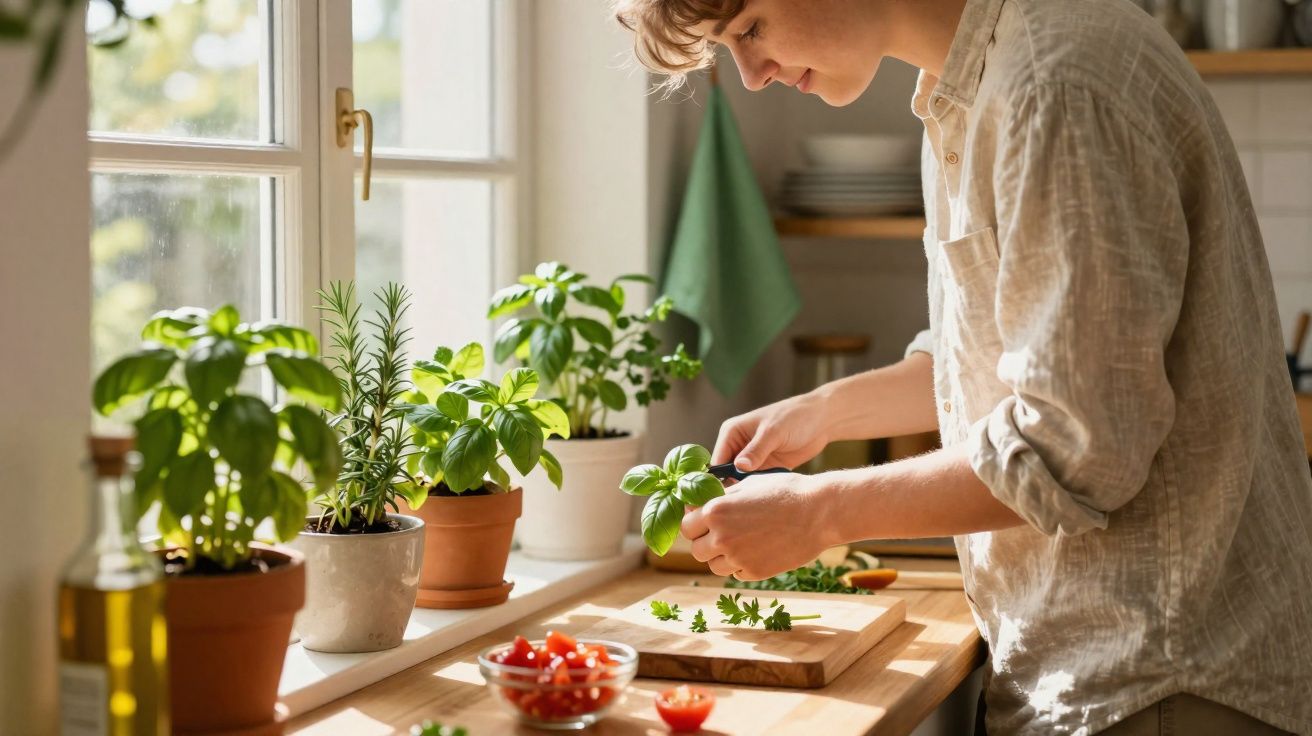 Pessoa colhendo ervas frescas em vaso na cozinha iluminada por janela durante o dia.