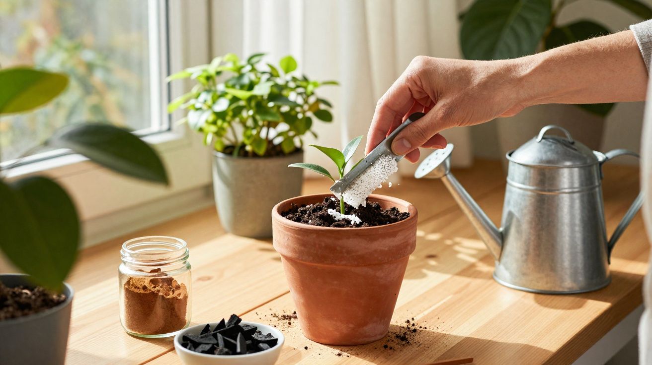 Mão aplicando pó branco em muda de planta em vaso de barro com regador e plantas ao fundo em mesa de madeira.