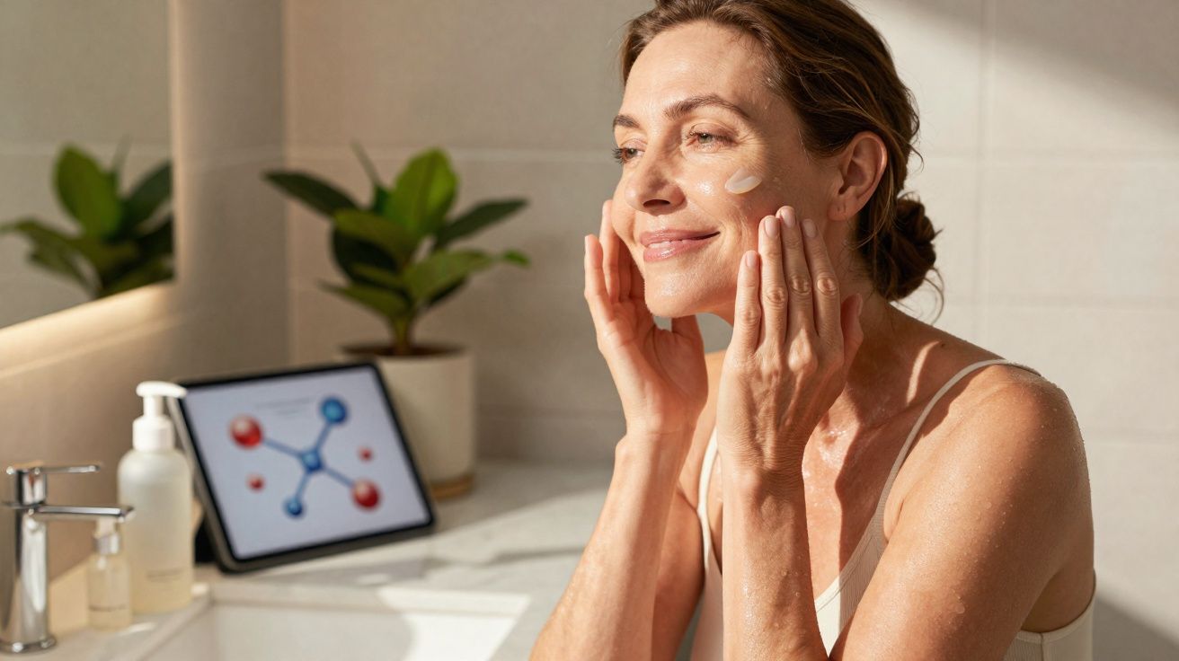 Mulher aplicando creme facial com luz natural em banheiro moderno e planta verde ao fundo.