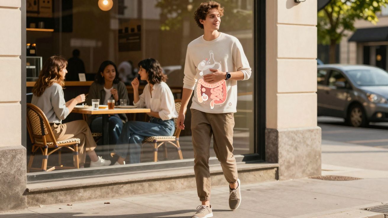 Homem caminhando na calçada com imagem ilustrativa do sistema digestivo sobreposta na roupa.