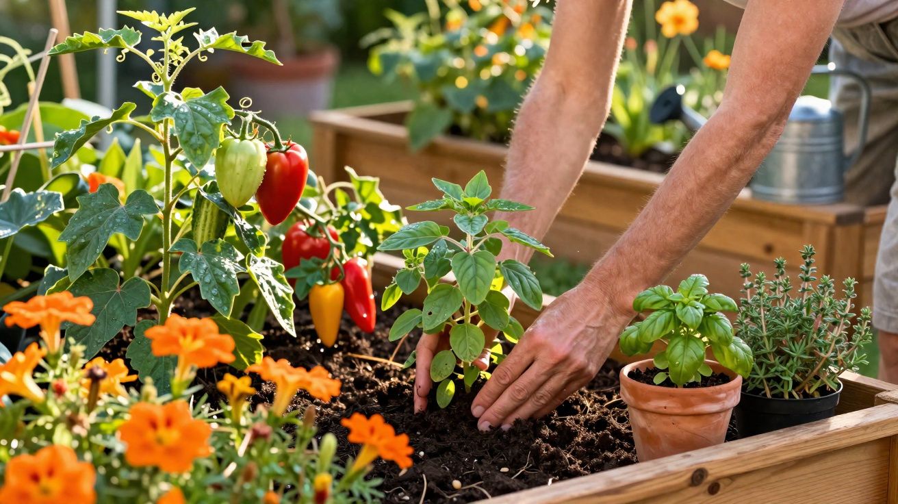 Pessoa plantando muda em jardim elevado com pimentas, flores e ervas em vasos e solo fértil.
