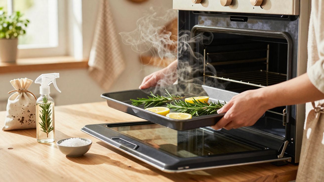 Pessoa colocando assadeira com limão e alecrim em forno quente em cozinha iluminada.