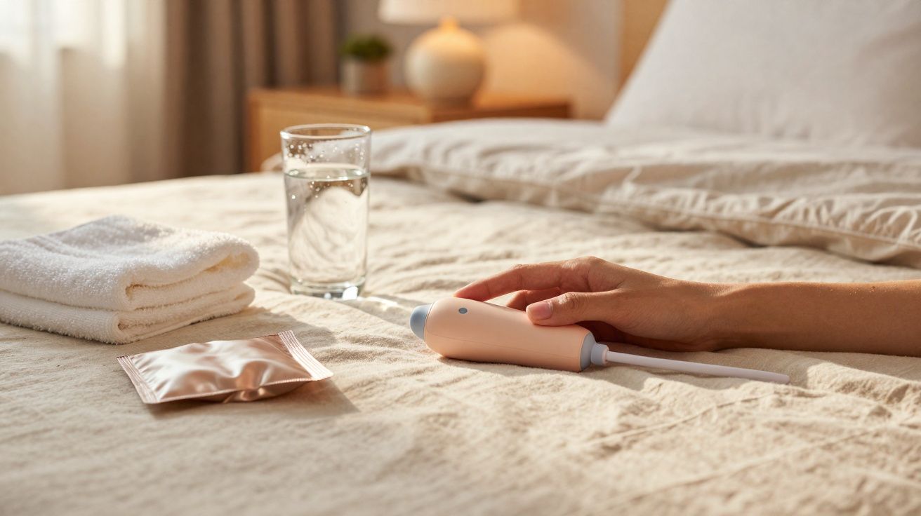 Pessoa segurando ducha íntima em cama com toalha, copo de água e sachê ao lado.