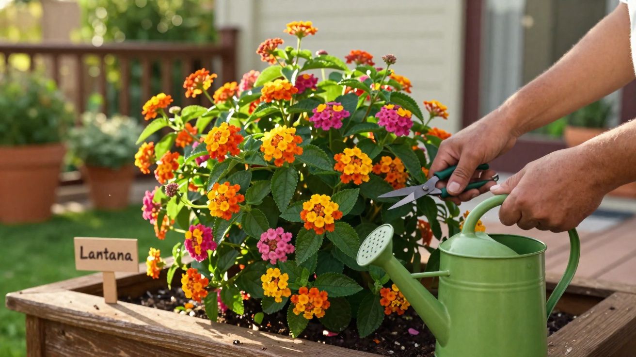 Pessoa podando lantana colorida em canteiro de madeira com regador verde ao lado.