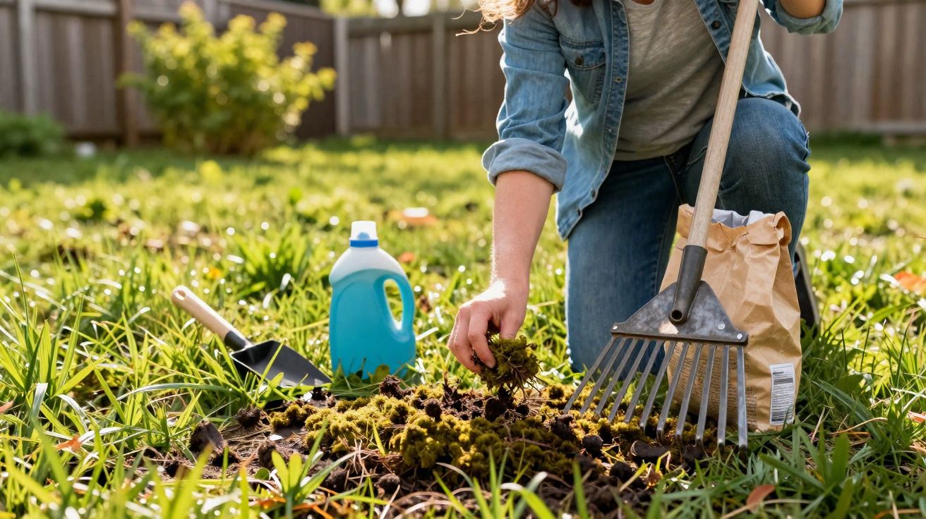 Pessoa agachada removendo musgo do solo em jardim, com ancinho, sachola, adubo e recipiente azul ao lado.