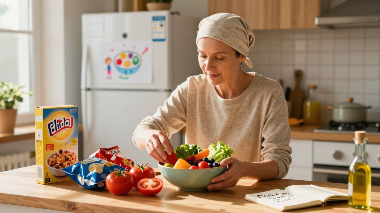Mulher preparando salada com legumes frescos na cozinha iluminada por luz natural.