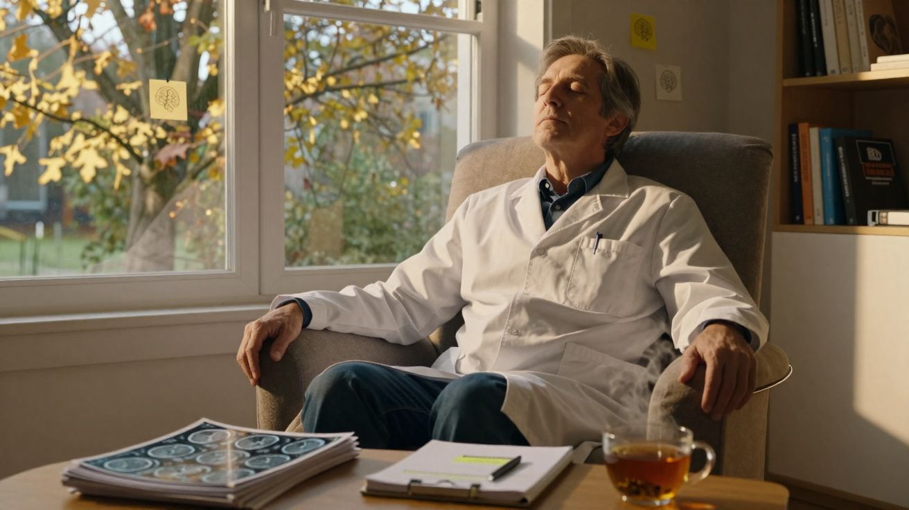 Homem de jaleco branco sentado relaxando em cadeira perto da janela com copo de chá na mesa à frente.