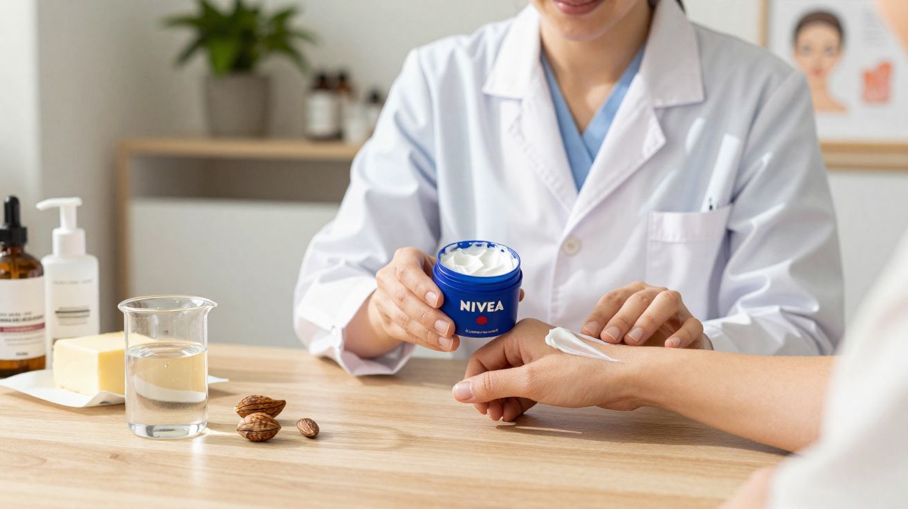 Profissional aplicando creme Nivea na mão de paciente em ambiente clínico.