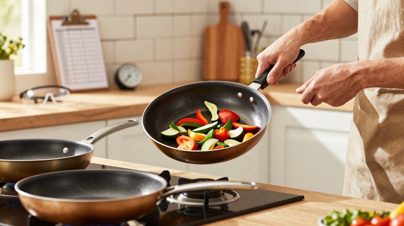 Pessoa segurando frigideira com legumes coloridos sendo cozidos em cozinha iluminada