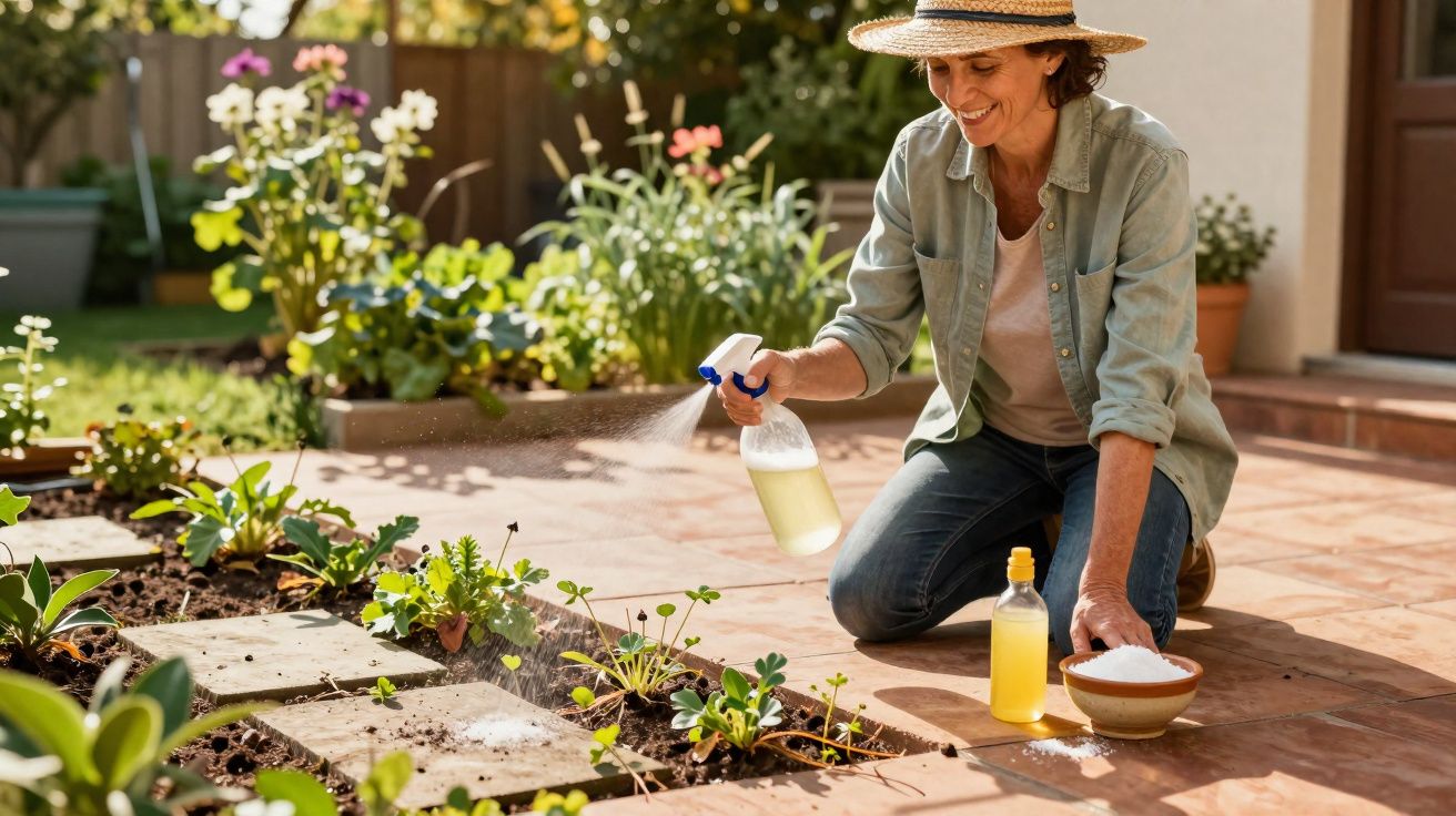 Mulher com chapéu regando plantas em jardim com borrifador, ao lado de recipiente e pó branco.