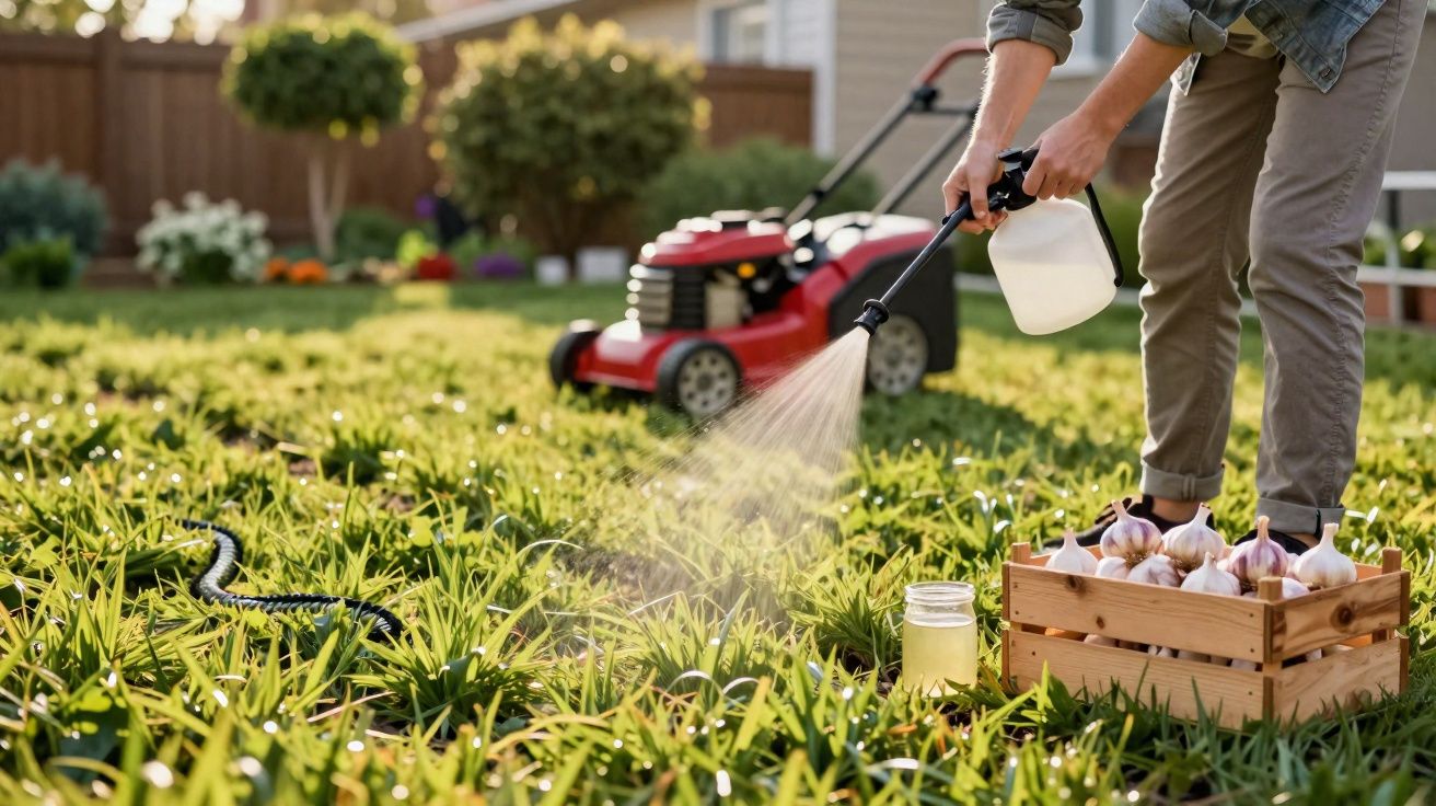 Pessoa pulverizando plantas com pulverizador manual em jardim com cortador de grama e caixa de alho.