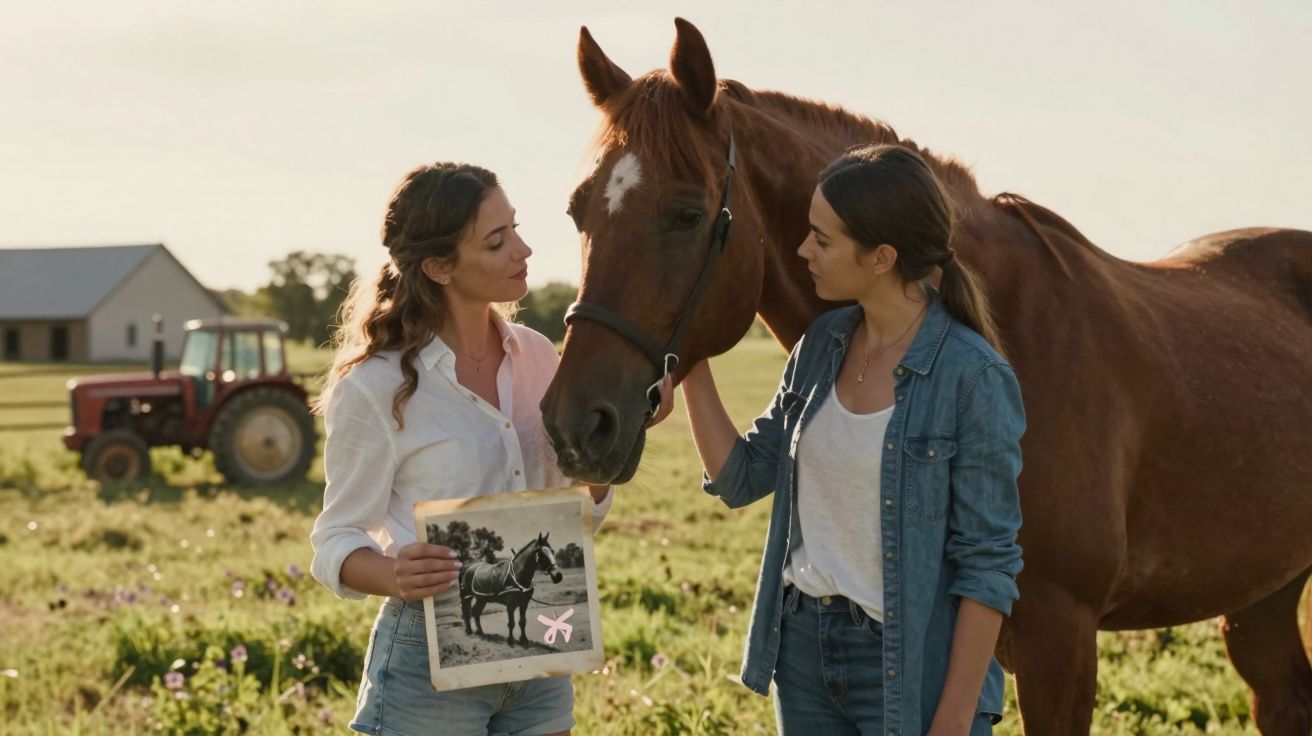 Duas mulheres olhando para um cavalo marrom em um campo, uma segura uma foto antiga do mesmo cavalo.