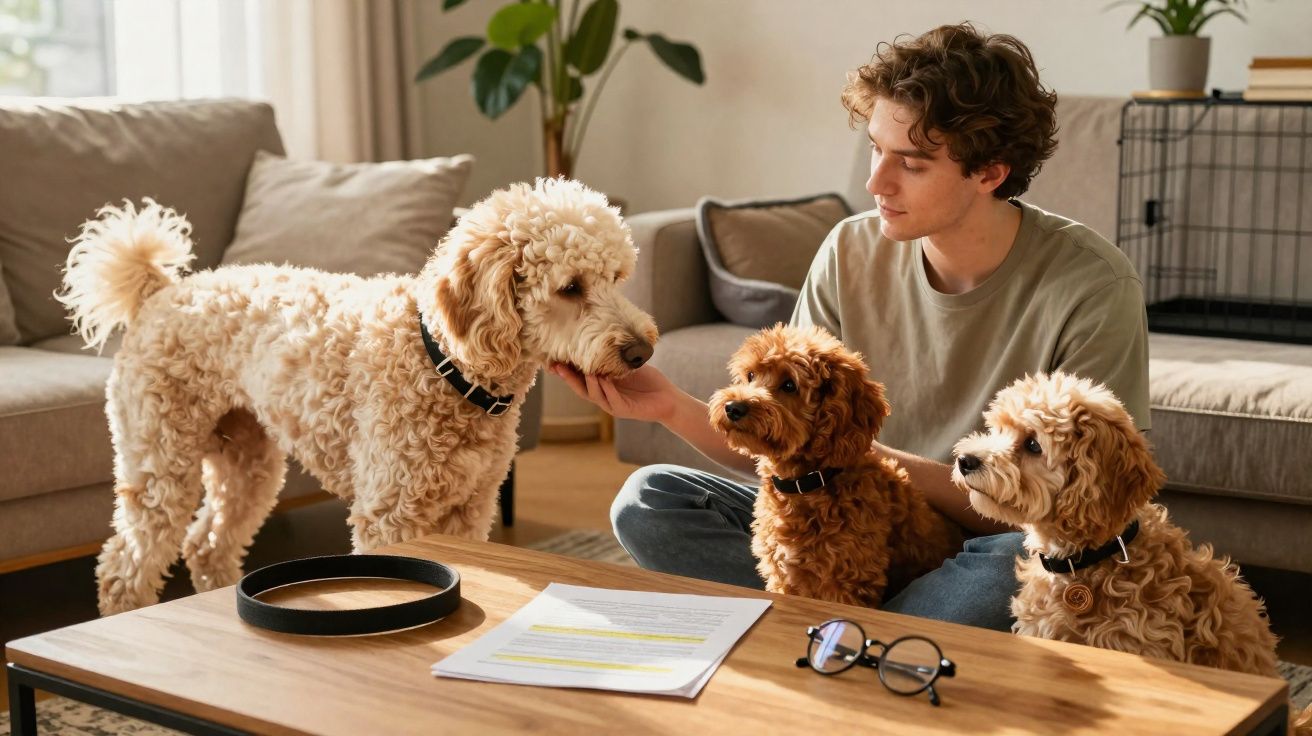 Jovem sentado no chão da sala acariciando três cães de pelos encaracolados ao redor da mesa de centro.