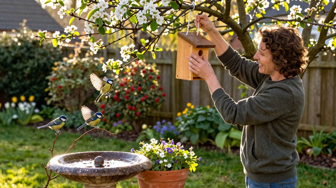 Pessoa pendura casa de passarinho em árvore florida ao lado de fonte e pássaros voando em jardim ensolarado.