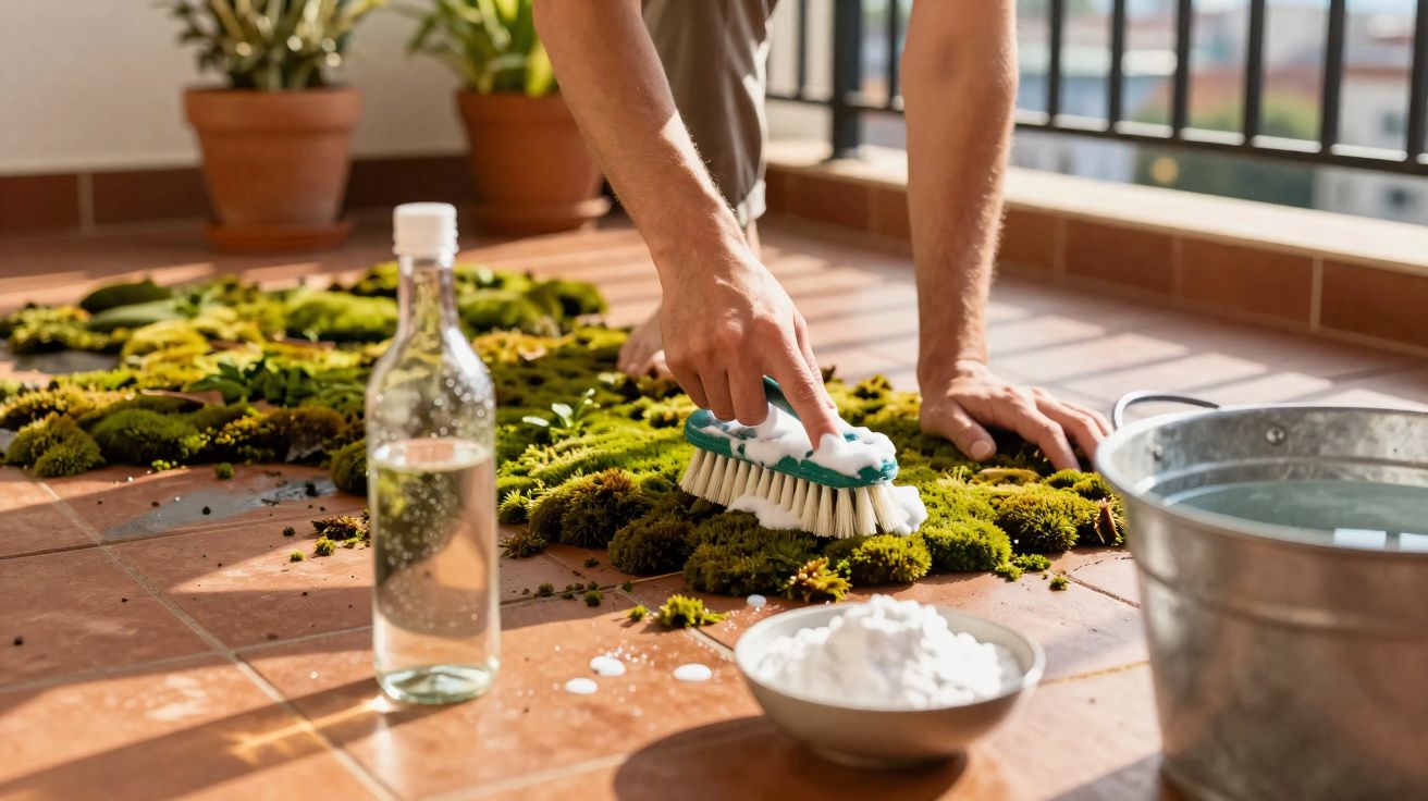 Pessoa limpando musgo do chão de azulejo com escova, próxima a balde, tigela com pó e garrafa de líquido.