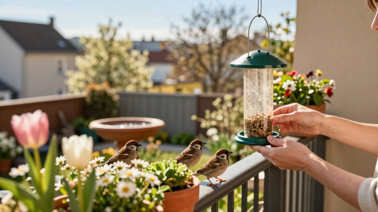 Pessoa alimentando três pardais em bebedouro suspenso em varanda com flores e vasos.