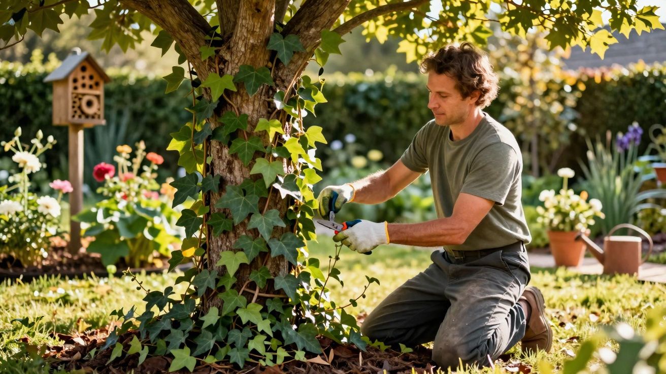 Homem cuidando do jardim, podando trepadeira em árvore com tesoura de poda.