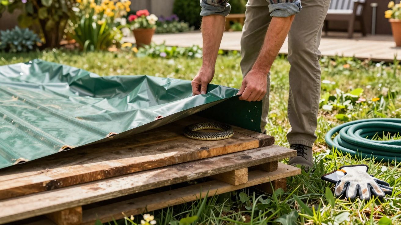 Pessoa levantando lona verde para revelar cobra enrolada sobre madeira em jardim.