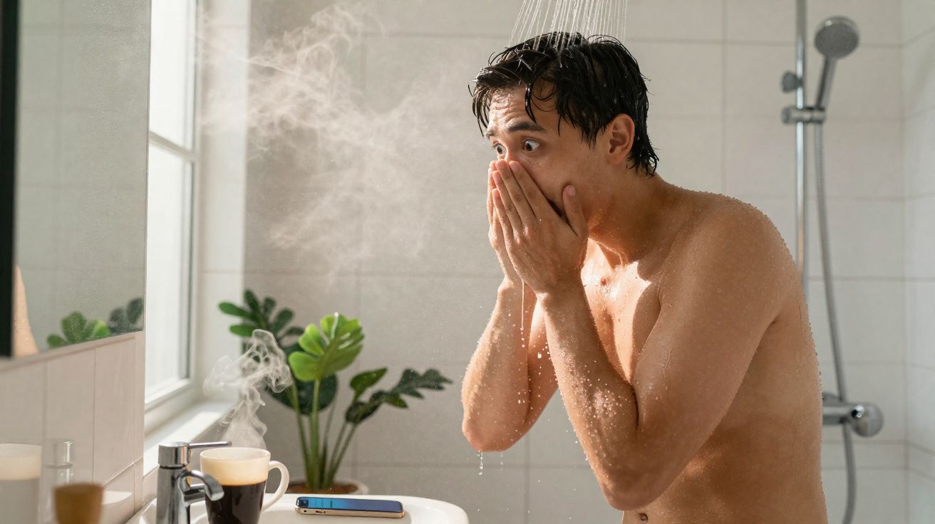 Homem surpreso tomando banho em banheiro com noite e vapor saindo de xícara na pia.