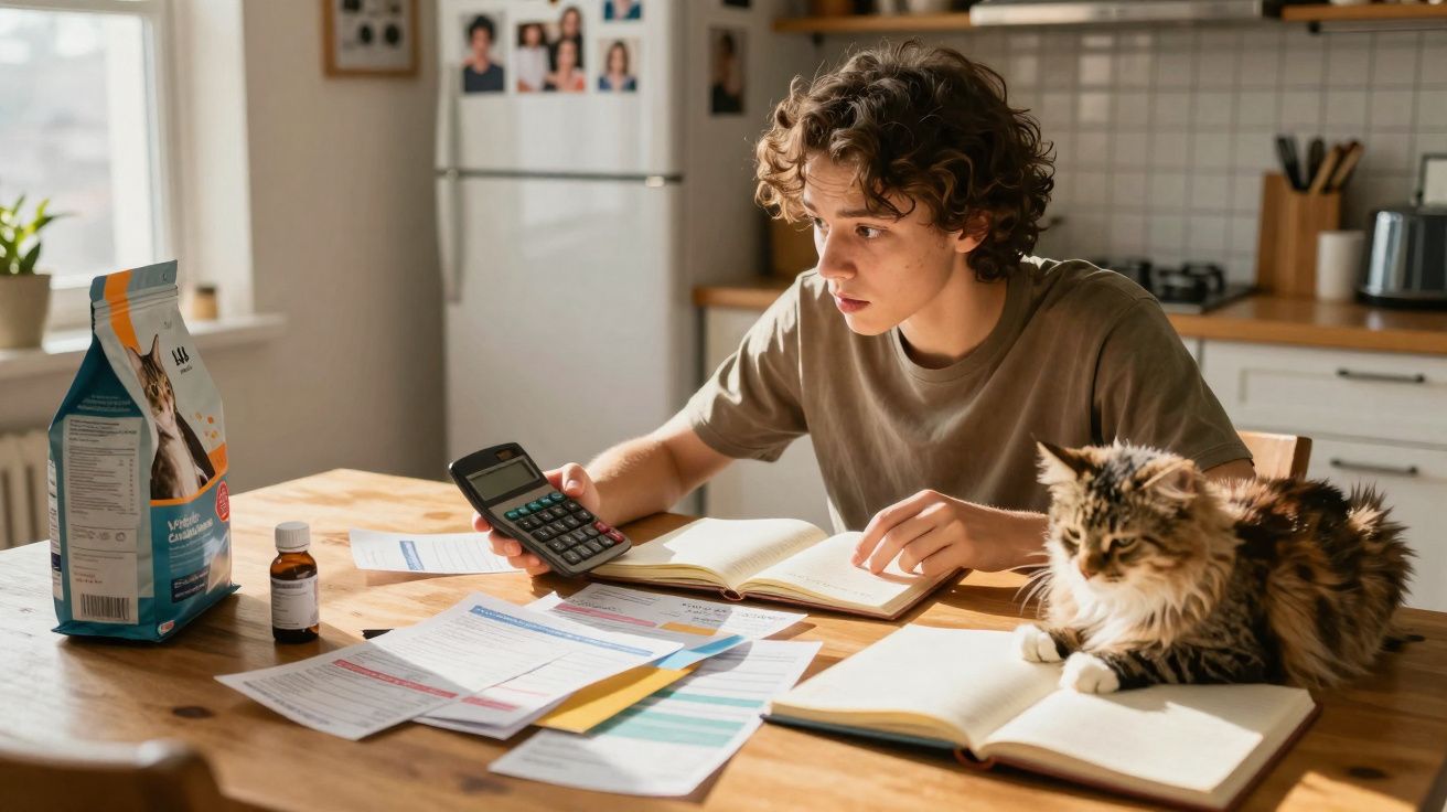 Jovem com calculadora e papéis na mesa, ao lado de gato, em cozinha iluminada.