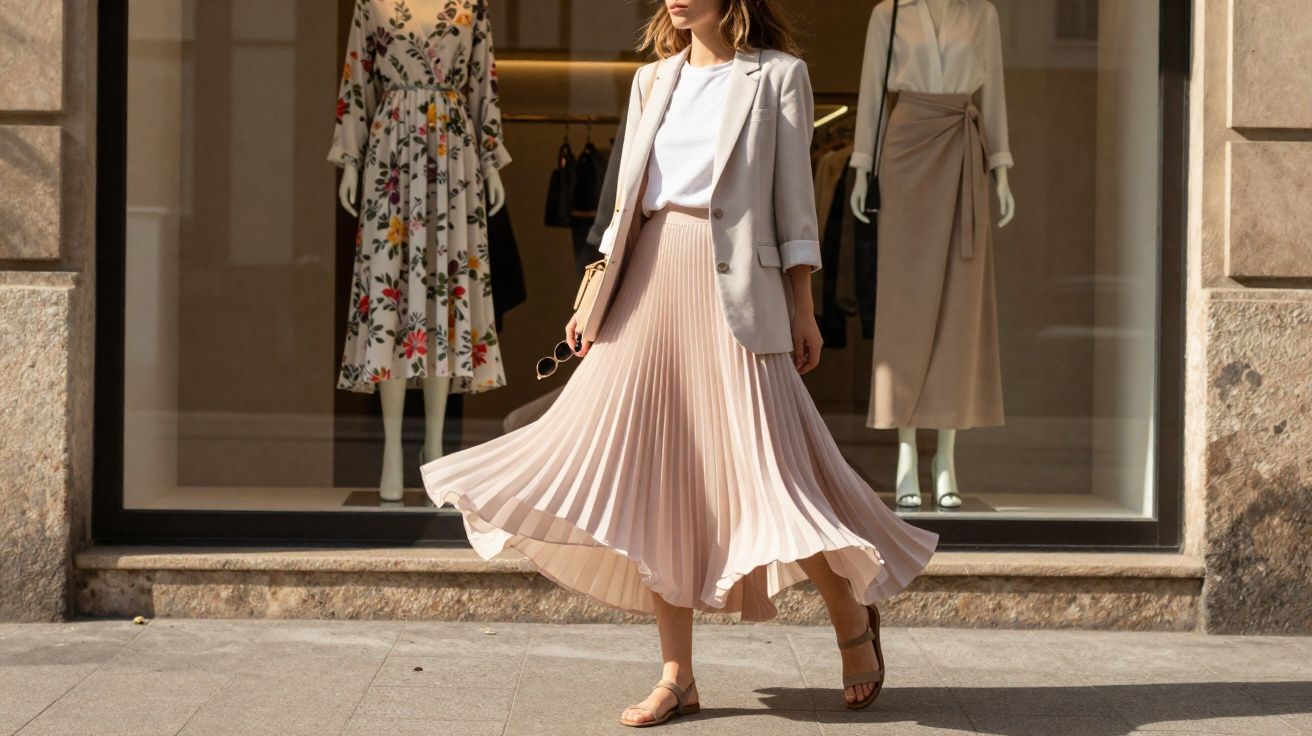 Mulher vestindo saia plissada rosa claro, camiseta branca e blazer bege, caminhando em frente a vitrine com manequins.