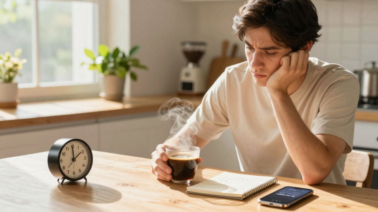 Jovem sentado à mesa, segurando café quente, com relógio, caderno e celular à sua frente, parecendo pensativo.