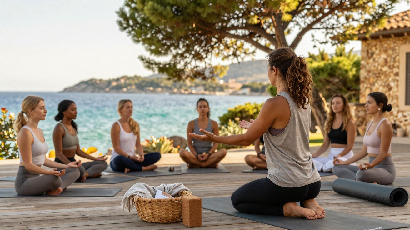 Grupo de mulheres praticando meditação em aula ao ar livre com vista para o mar.