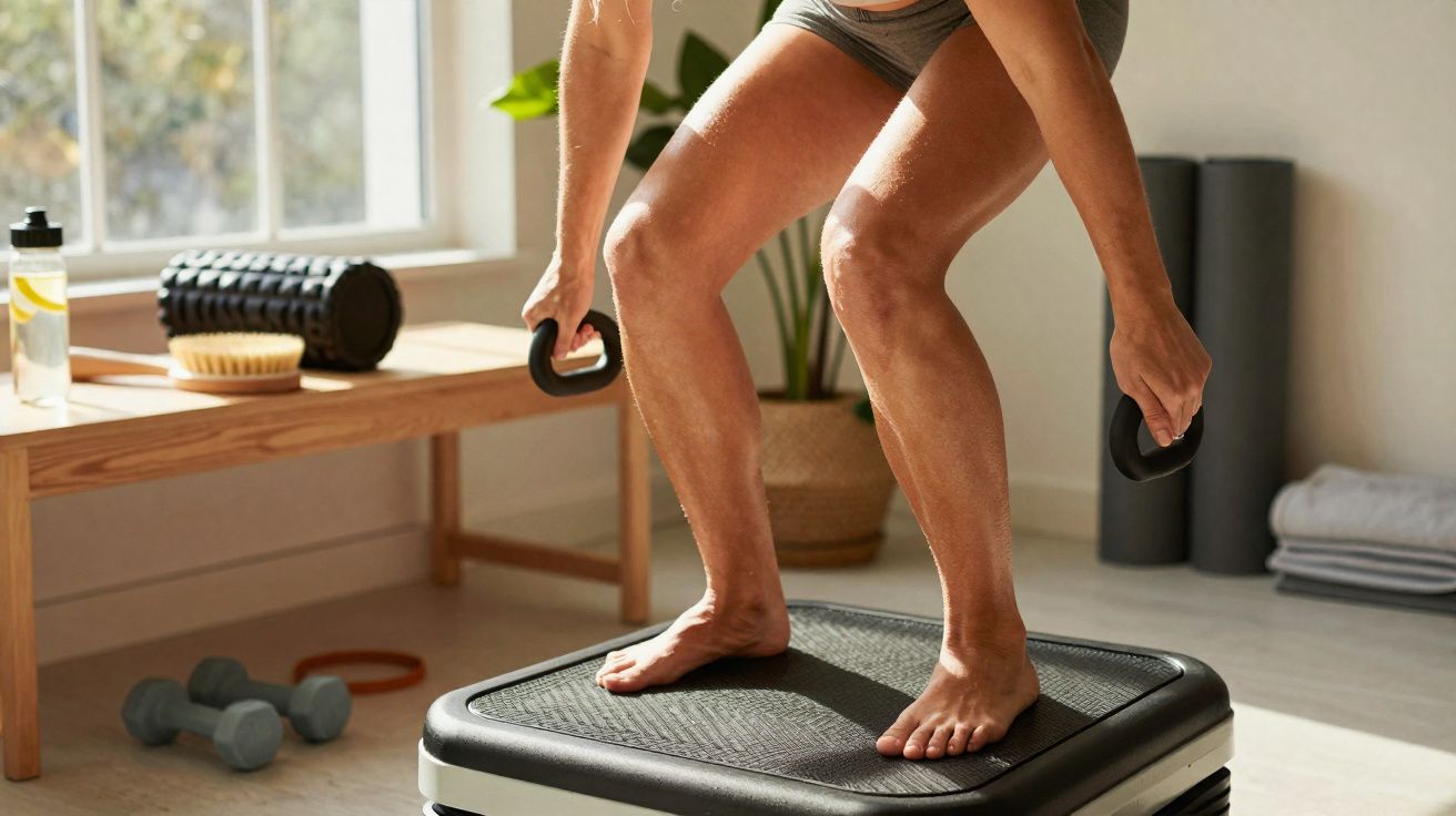 Pessoa descalça realizando exercício em plataforma vibratória com halteres em ambiente iluminado e organizado.