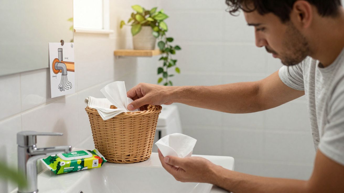 Homem pegando papel higiênico em banheiro branco com cesto de vime e pacote de lenços umedecidos verde.
