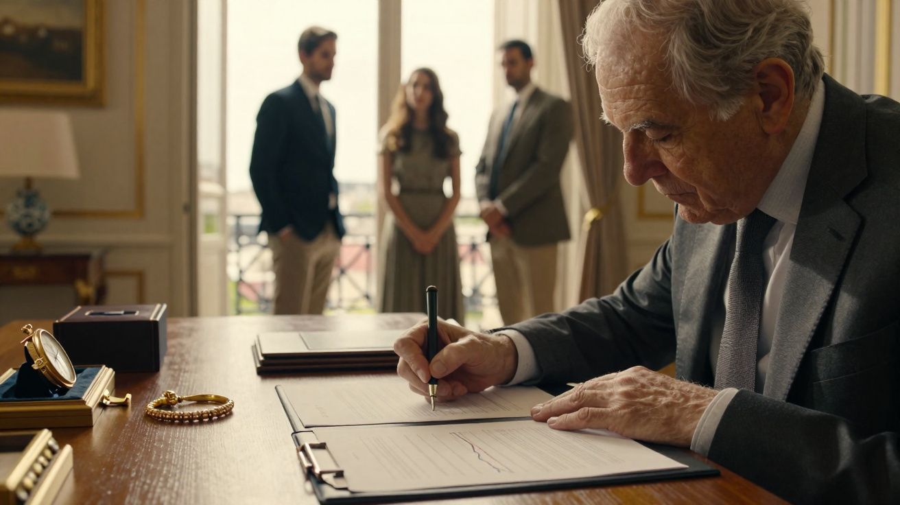 Homem idoso assina documento formal enquanto três pessoas observam ao fundo em sala elegante.