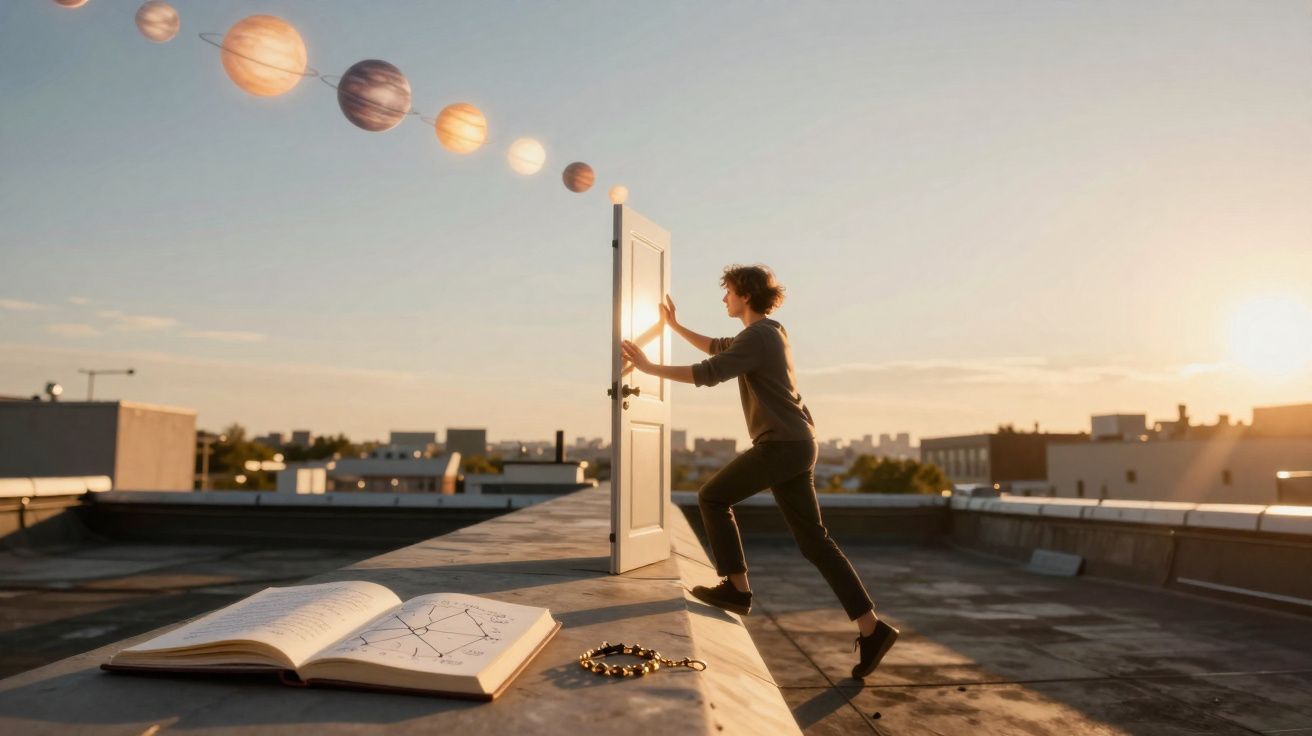 Pessoa abrindo porta no telhado com planetas flutuando e livro aberto com mapas astronômicos ao pôr do sol.