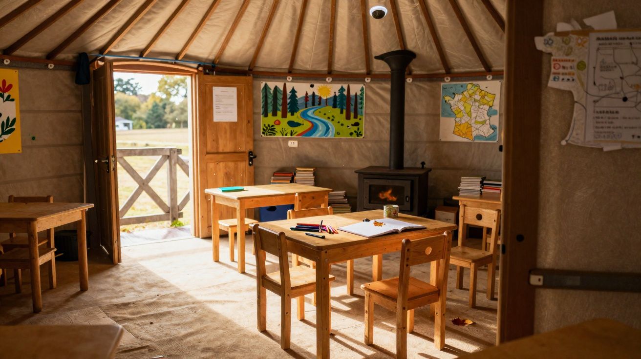 Interior de sala de aula rústica com mesas e cadeiras de madeira, lareira e pôsteres coloridos nas paredes.