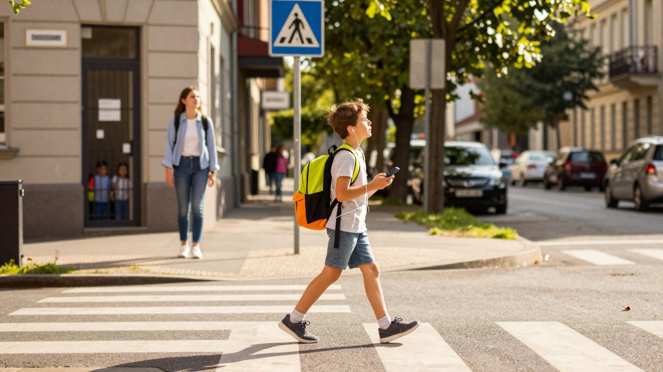 Criança com mochila amarela e laranja atravessa faixa de pedestre em rua urbana ensolarada.
