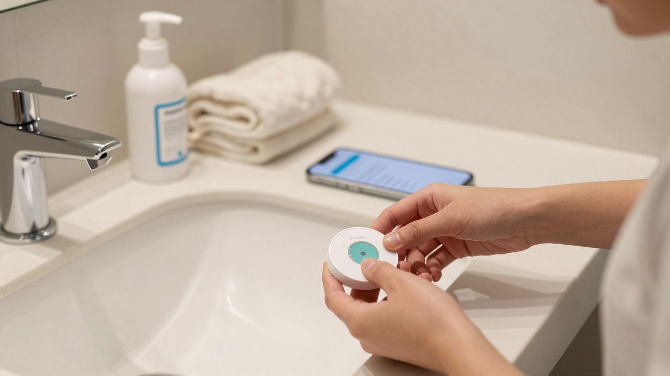 Pessoa segurando dispositivo redondo branco perto de pia com celular, toalhas e frasco de sabonete líquido ao fundo.