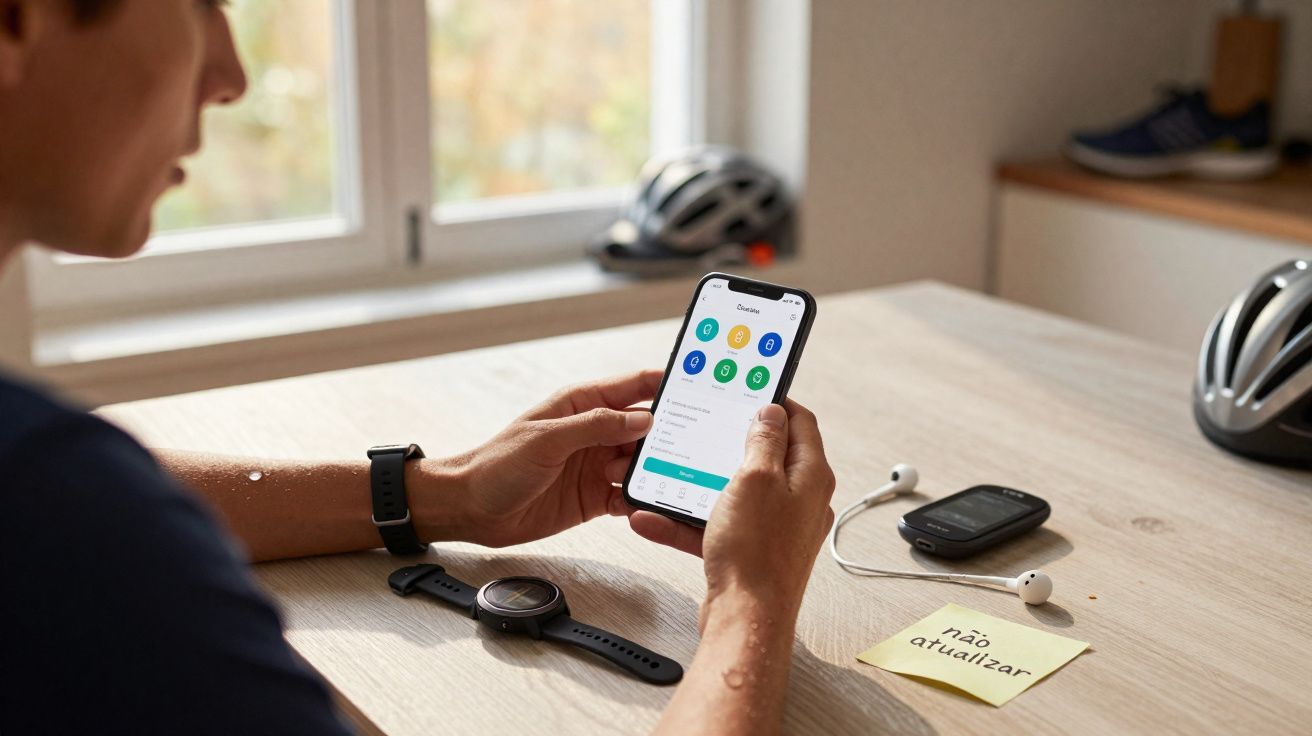 Pessoa segurando celular com aplicativo aberto em mesa com relógio, fones, capacetes e nota adesiva "não atualizar".