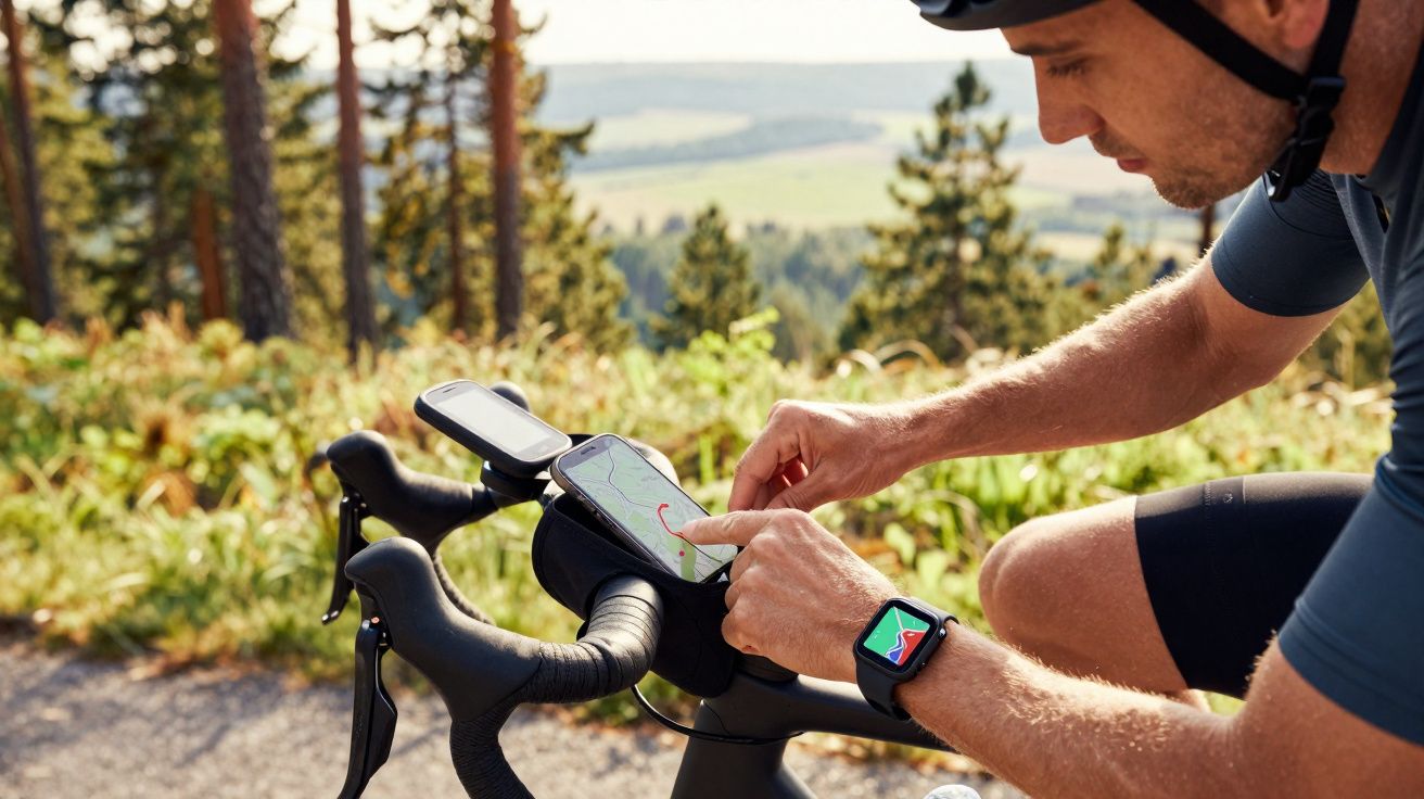 Ciclista consultando rota no celular fixado no guidão da bicicleta em ambiente natural com árvores ao fundo.