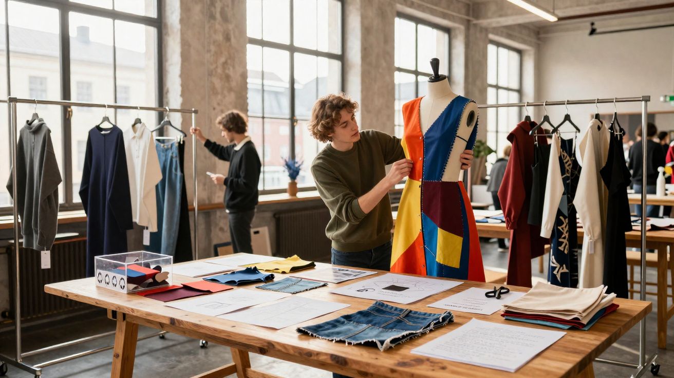 Jovem estilista ajusta vestido colorido em manequim em estúdio de design de moda com tecido e croquis na mesa.