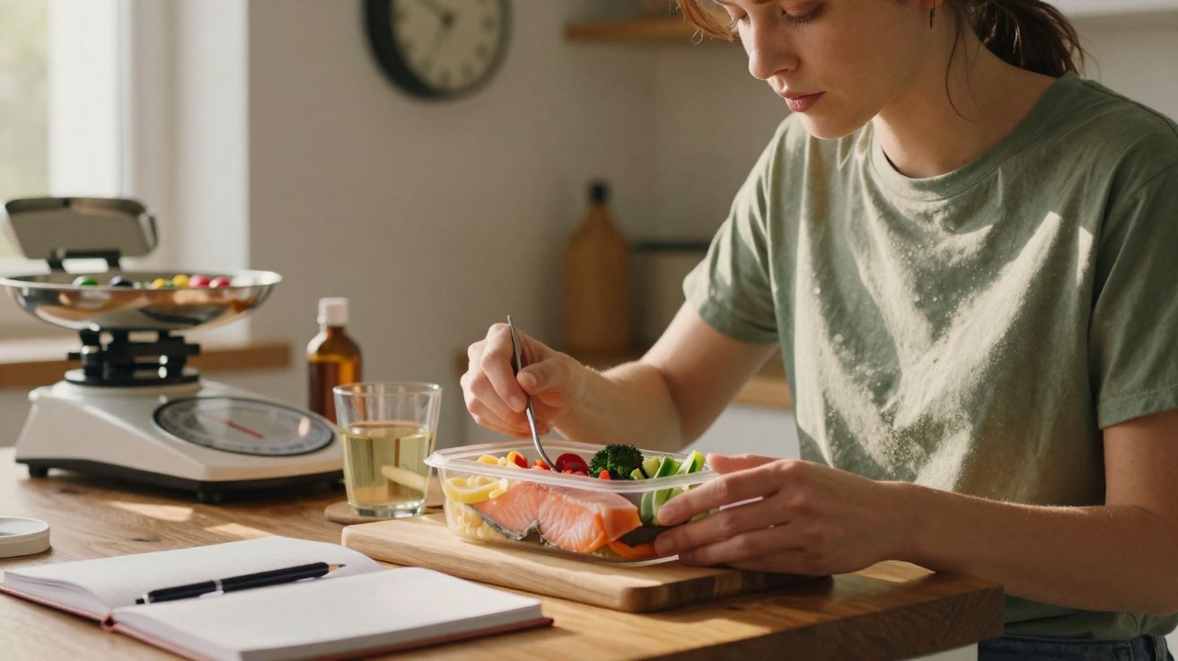 Mulher sentada à mesa com marmita saudável, jornal alimentar e balança de cozinha ao lado.