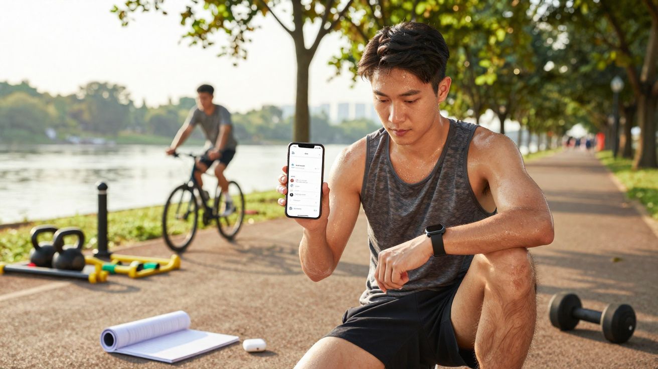 Homem sentado em parque mostrando celular com lista de tarefas, com equipamentos de exercício ao redor.