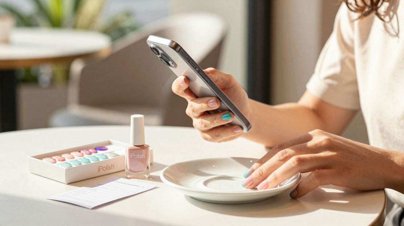 Mãos femininas seguram celular com unhas pintadas, esmalte e adesivos de unhas sobre mesa branca.
