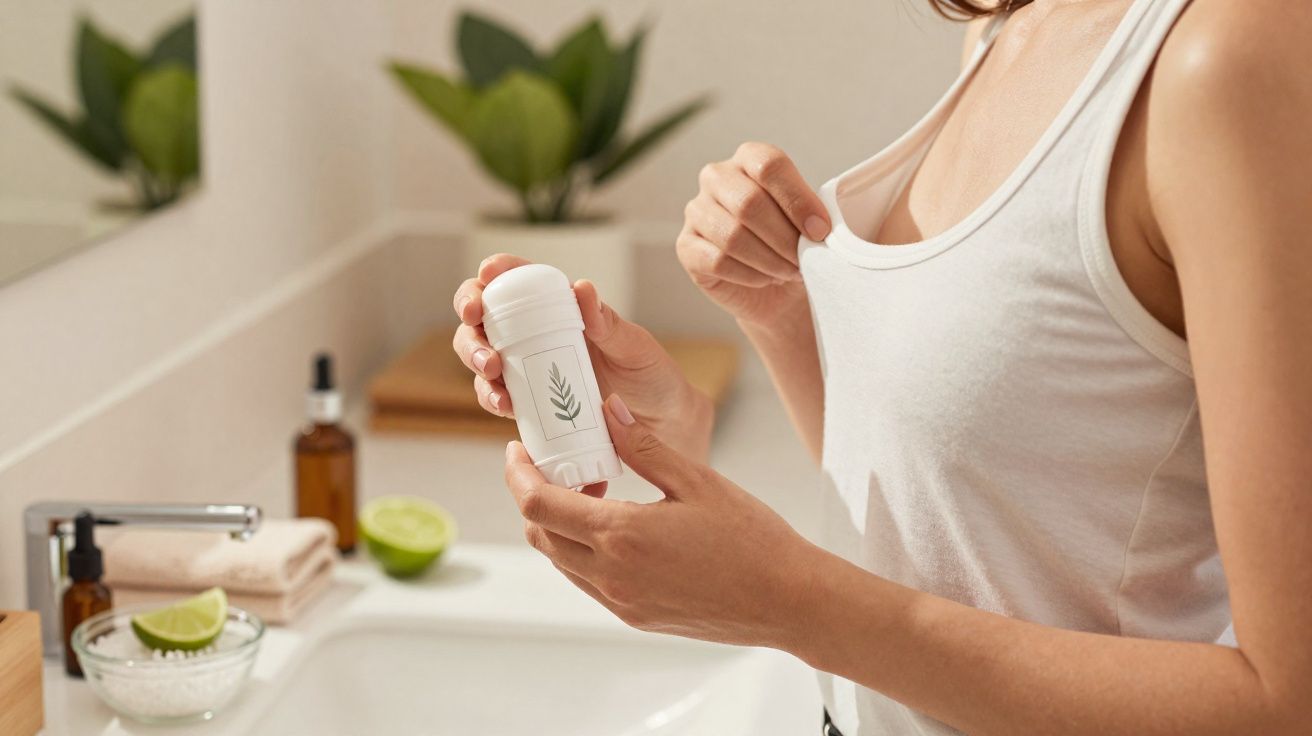 Mulher segurando desodorante natural em bastão perto da axila em banheiro iluminado.