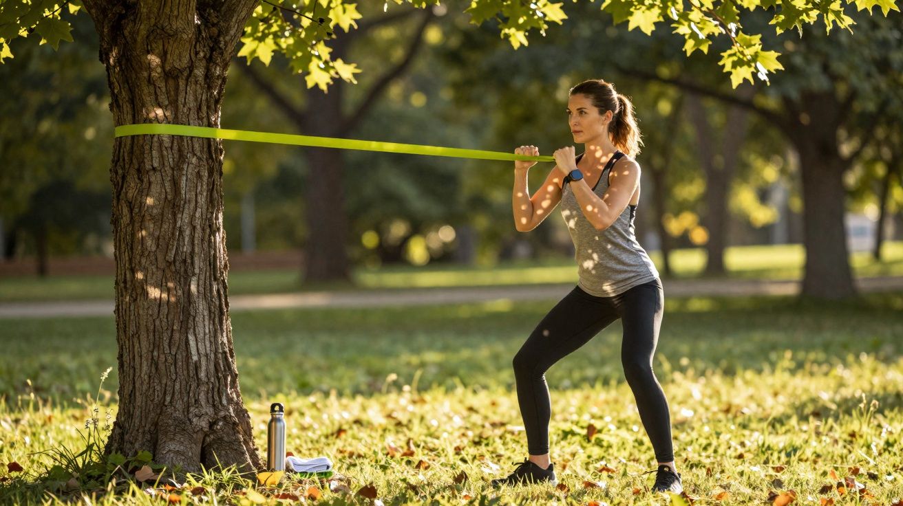 Mulher praticando exercício com faixa elástica presa em árvore em parque ensolarado.