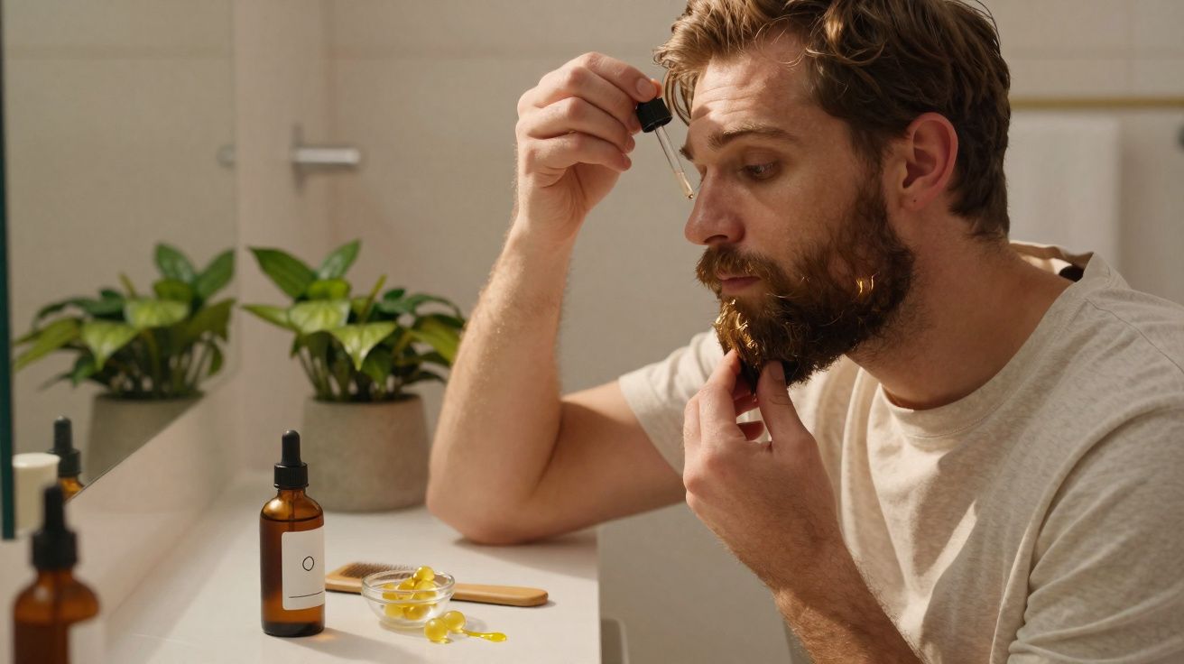 Homem aplica óleo na barba enquanto está sentado em frente a um espelho no banheiro.