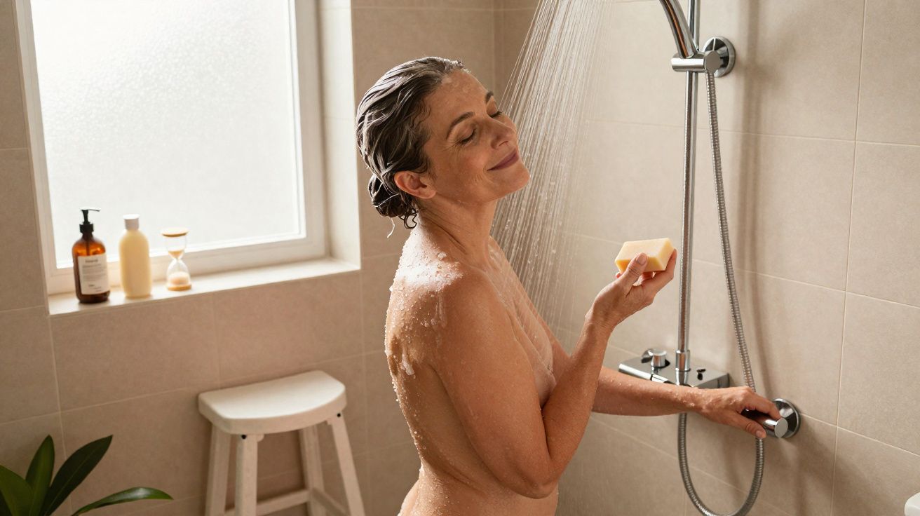 Mulher sorrindo tomando banho com sabonete na mão em banheiro com azulejos claros e janela.