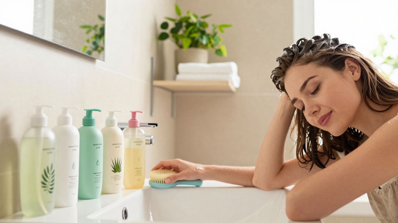 Mulher aplicando shampoo no cabelo em banheiro com produtos organizados na pia e planta ao fundo.